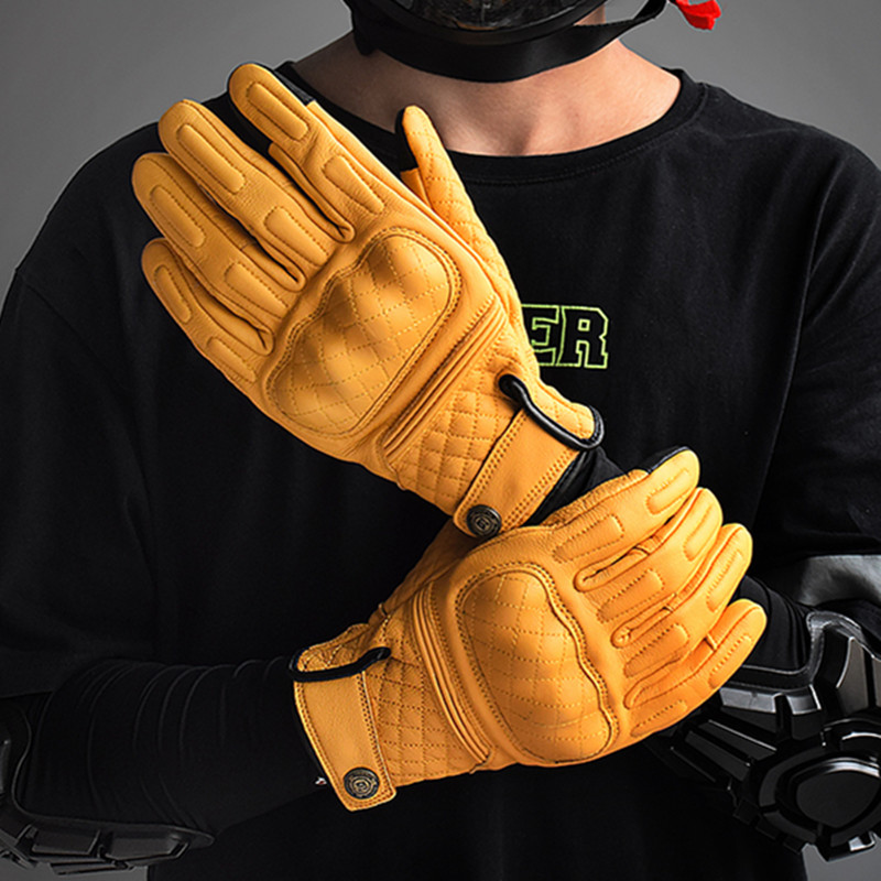 Men'S Fashion Gloves - ถุงมือมอเตอร์ไซค์หนังสไตล์เรโทร สีเหลือง แบบเต็มนิ้ว สำหรับขับขี่มอเตอร์ไซค์ รองรับหน้าจอสัมผัส พร้อมอุปกรณ์ป้องกัน