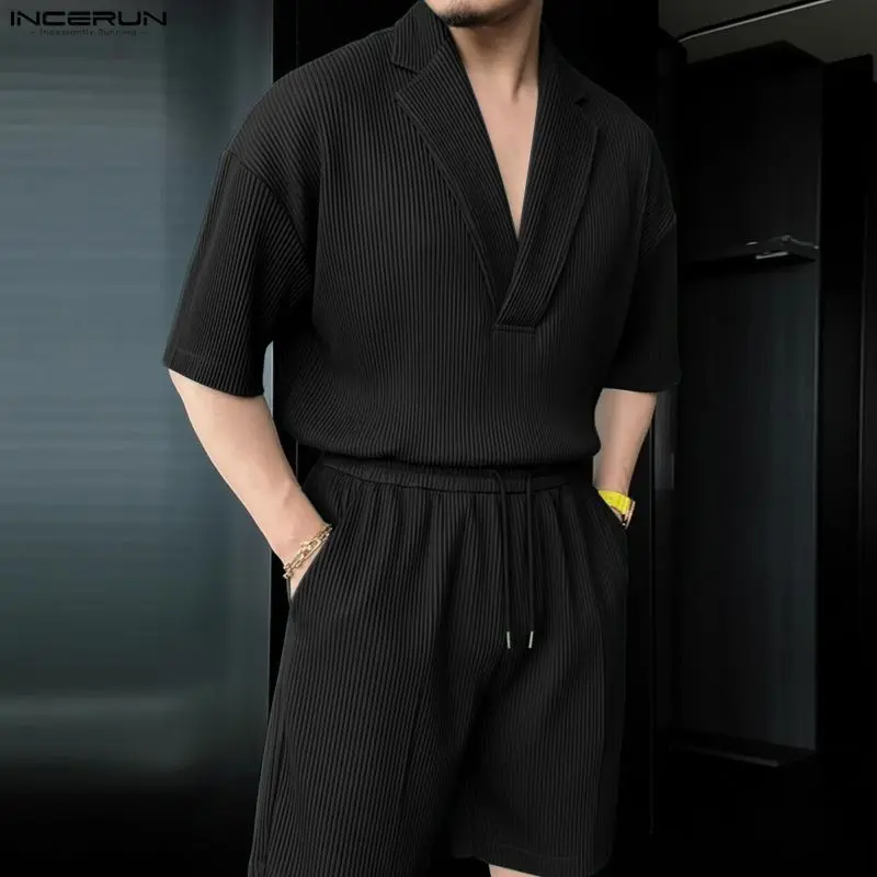 Men'S Fashion Color - INCERUN ชุดเซ็ตผู้ชาย เสื้อเชิ้ตแขนสั้นปกคอปกสีพื้นและกางเกงขาสั้น ชุดสองชิ้น สตรีทแวร์ทรงหลวม แฟชั่นฤดูร้อนปี
