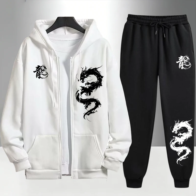 Men'S Fashion Zipper Hoodie - ชุดวอร์มลายมังกรจีนสำหรับผู้ชาย เสื้อฮู้ดมีซิปและกางเกงวอร์มสีดำ ชุดแฟชั่นลำลองสไตล์คนเมือง เสื้อฮู้ดและชุดแจ็คเก็ต