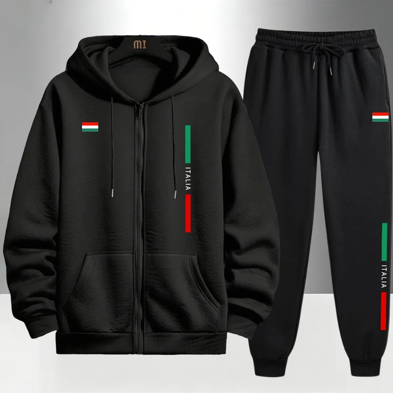 Men'S Fashion Zipper Hoodie - ชุดแฟชั่นผู้ชายสไตล์อิตาลี เสื้อแจ็คเก็ตซิปและกางเกงวอร์ม ชุดลำลองสำหรับฤดูใบไม้ร่วงและฤดูหนาว เหมาะสำหรับใส่เล่นกีฬา ชุดฮู้ดดี้สุดเท่ห์ ทันสมัย