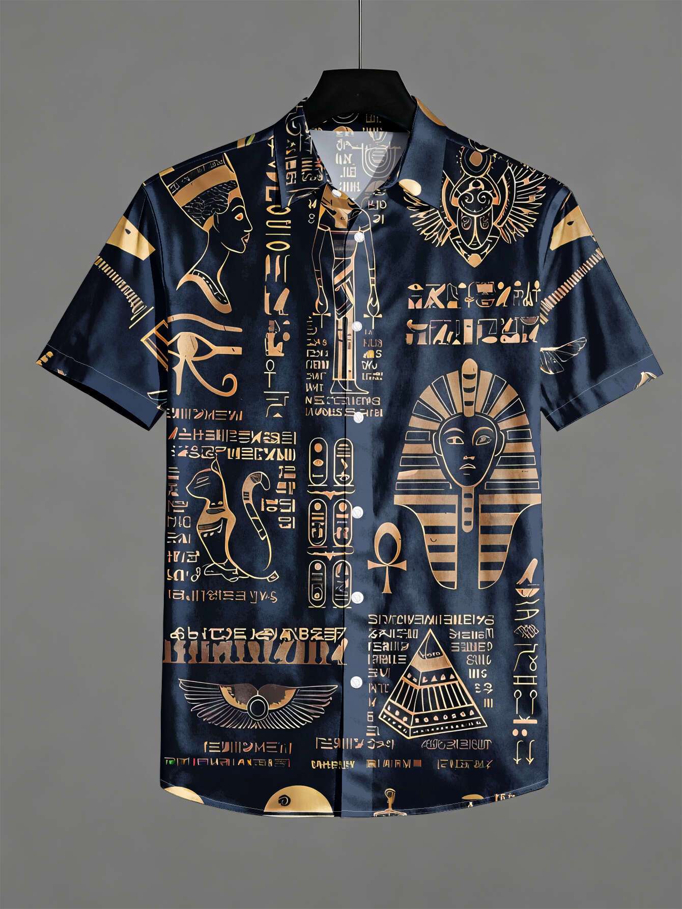 Men Fashion Egypt - เสื้อเชิ้ตแขนสั้นลายอียิปต์โบราณ ลายสัญลักษณ์ฟาโรห์และอักษรเฮียโรกลิฟ แบบยูนิเซ็กส์ คอปกแบบคัมป์ ทรงหลวม เหมาะสำหรับวันพักผ่อนในเขตร้อน