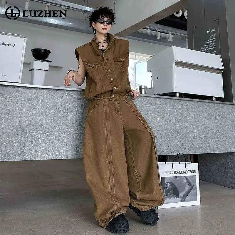 Men'S Fashion Color - LUZHEN เดนิม 2026 ชุดเซ็ตสองชิ้นสำหรับฤดูร้อน เสื้อแจ็คเก็ตแขนกุดสีพื้นแต่งกระเป๋า กางเกงยีนส์ขากว้างทรงหลวม
