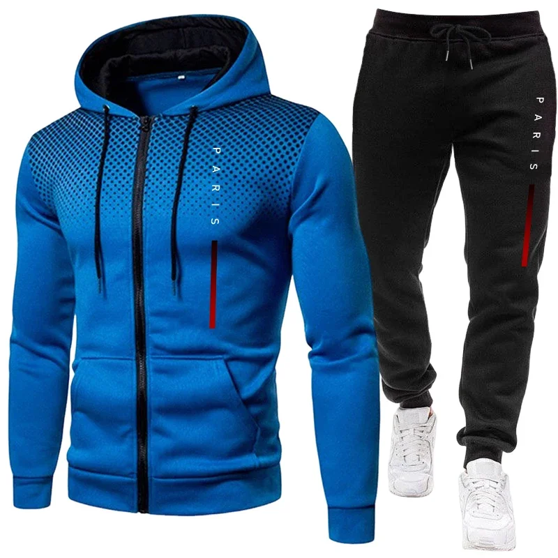 Men'S Fashion Zipper Hoodie - ชุดฮู้ดดี้ลำลองสำหรับฤดูใบไม้ร่วงและฤดูหนาว ชุดกีฬาออกกำลังกายกลางแจ้ง แฟชั่นปารีส ชุดผู้ชาย เสื้อแจ็คเก็ตมีซิปและกางเกงวอร์ม