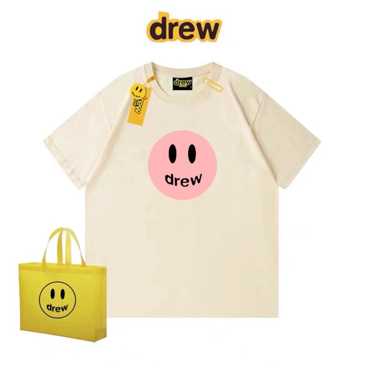 Men'S Fashion Pink Shirt - เสื้อยืดลายหน้ายิ้มสีชมพู Drew House สำหรับผู้ชายและผู้หญิง สไตล์วินเทจ สตรีทแวร์อเมริกัน