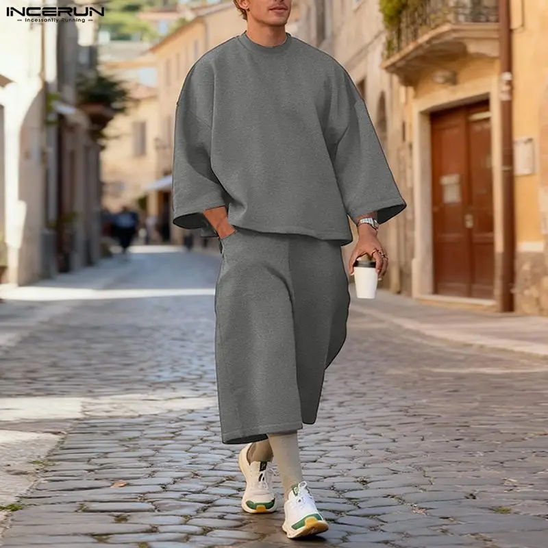 Men'S Fashion Color - ชุดเซ็ตผู้ชาย INCERUN สีพื้น เสื้อฮู้ดแขน 3/4 ทรงหลวม