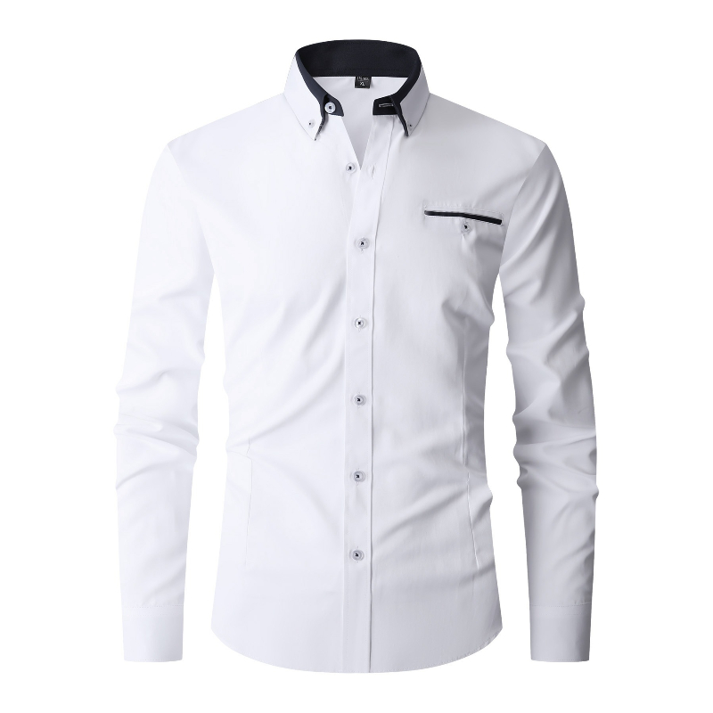Men'S Fashion Color - เสื้อเชิ้ตผู้ชายแขนยาวสีพื้น ผ้ากันยับ แฟชั่นลำลองสไตล์ธุรกิจ สำหรับใส่ทำงานหรือโอกาสต่างๆ มีกระเป๋าเสื้อ สีขาว