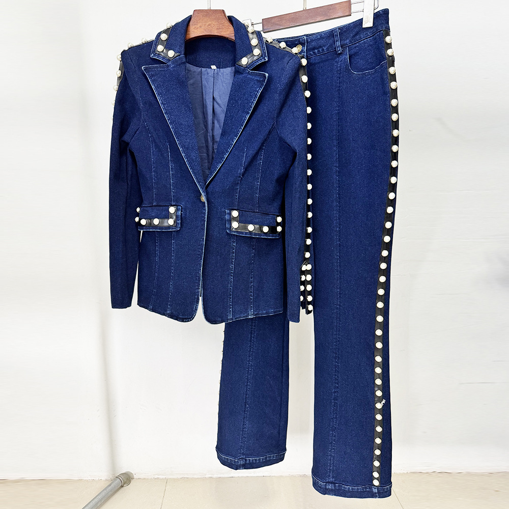 Denim Jacket Vintage - ชุดสูทดีไซน์เนอร์คุณภาพสูงรุ่นใหม่ล่าสุดปี 2026 ชุดแจ็คเก็ตยีนส์ประดับลูกปัดสำหรับผู้หญิง 2 ชิ้น