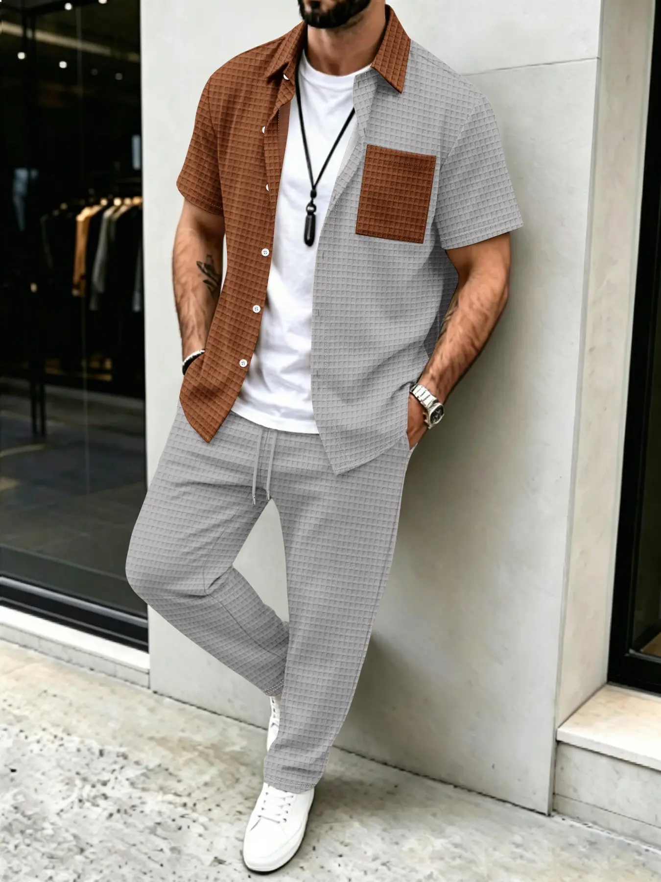 Men'S Fashion Color - ชุดเสื้อ+กางเกงขายาวลายวาฟเฟิลสีพื้นสำหรับผู้ชาย ดีไซน์สีตัดกัน ชุดแฟชั่นอเนกประสงค์สำหรับสวมใส่ในชีวิตประจำวัน