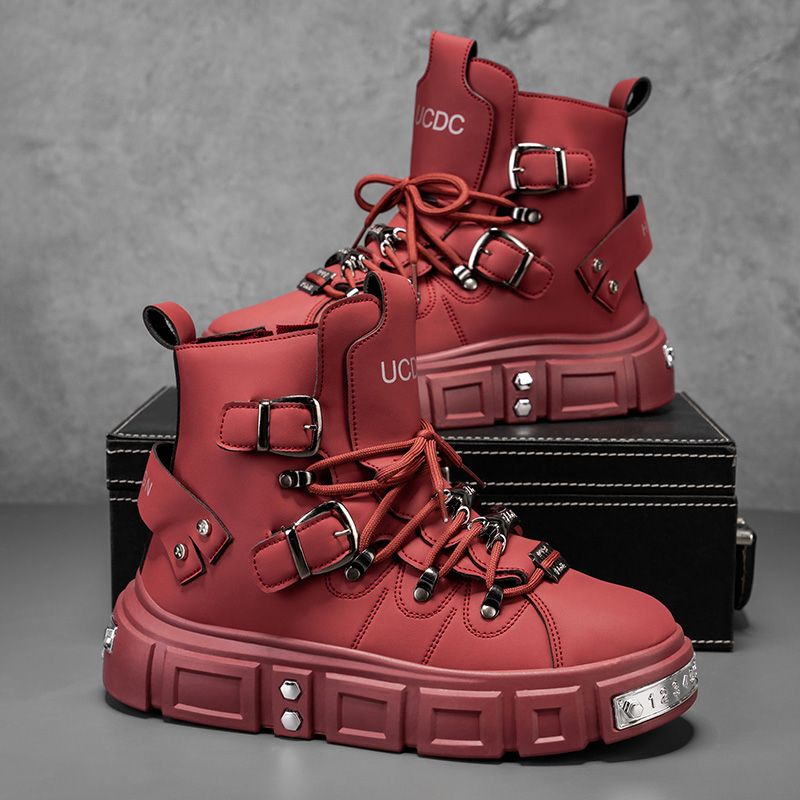 Men'S Fashion News - รองเท้าบูทแบรนด์แท้สำหรับผู้ชาย สไตล์พังก์ พื้นหนา สีแดง แฟชั่นหรูหรา รองเท้าผู้ชาย