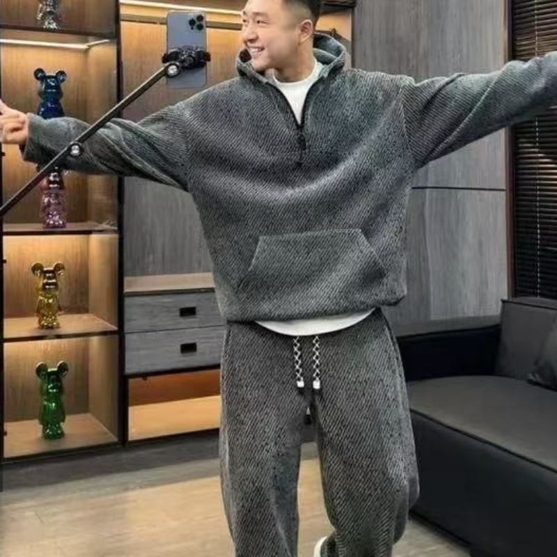 Men'S Fashion Zipper Hoodie - ชุดฮู้ดดี้ลายทางสำหรับผู้ชาย ผ้าฟลีซหนา ซิป แจ็คเก็ตและกางเกงลำลอง แฟชั่นฤดูใบไม้ร่วง ฤดูหนาว