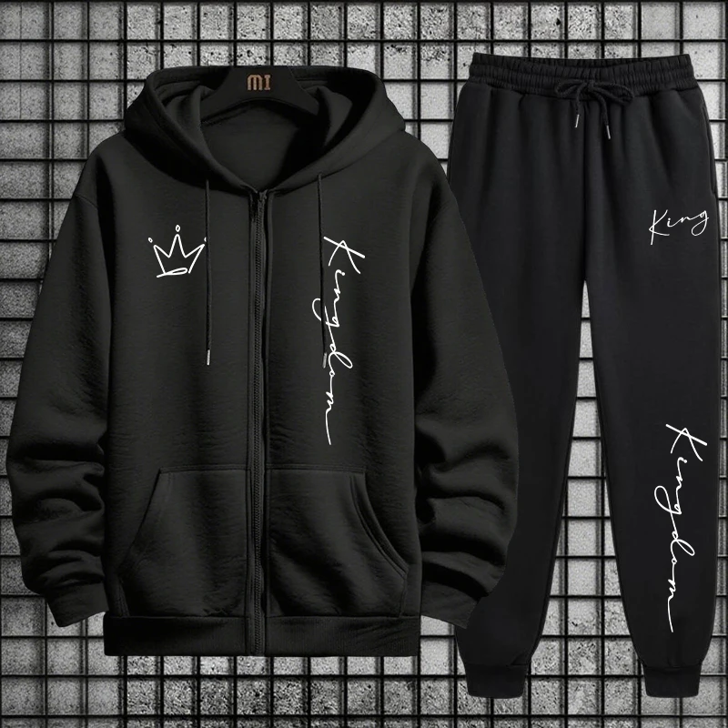 Men'S Fashion Zipper Hoodie - ชุดฮู้ดดี้และกางเกงวอร์มพิมพ์ลาย King Letter สำหรับผู้ชาย ชุดลำลองแฟชั่นกีฬาสำหรับฤดูใบไม้ร่วงและฤดูหนาว คุณภาพสูงพร้อมซิป