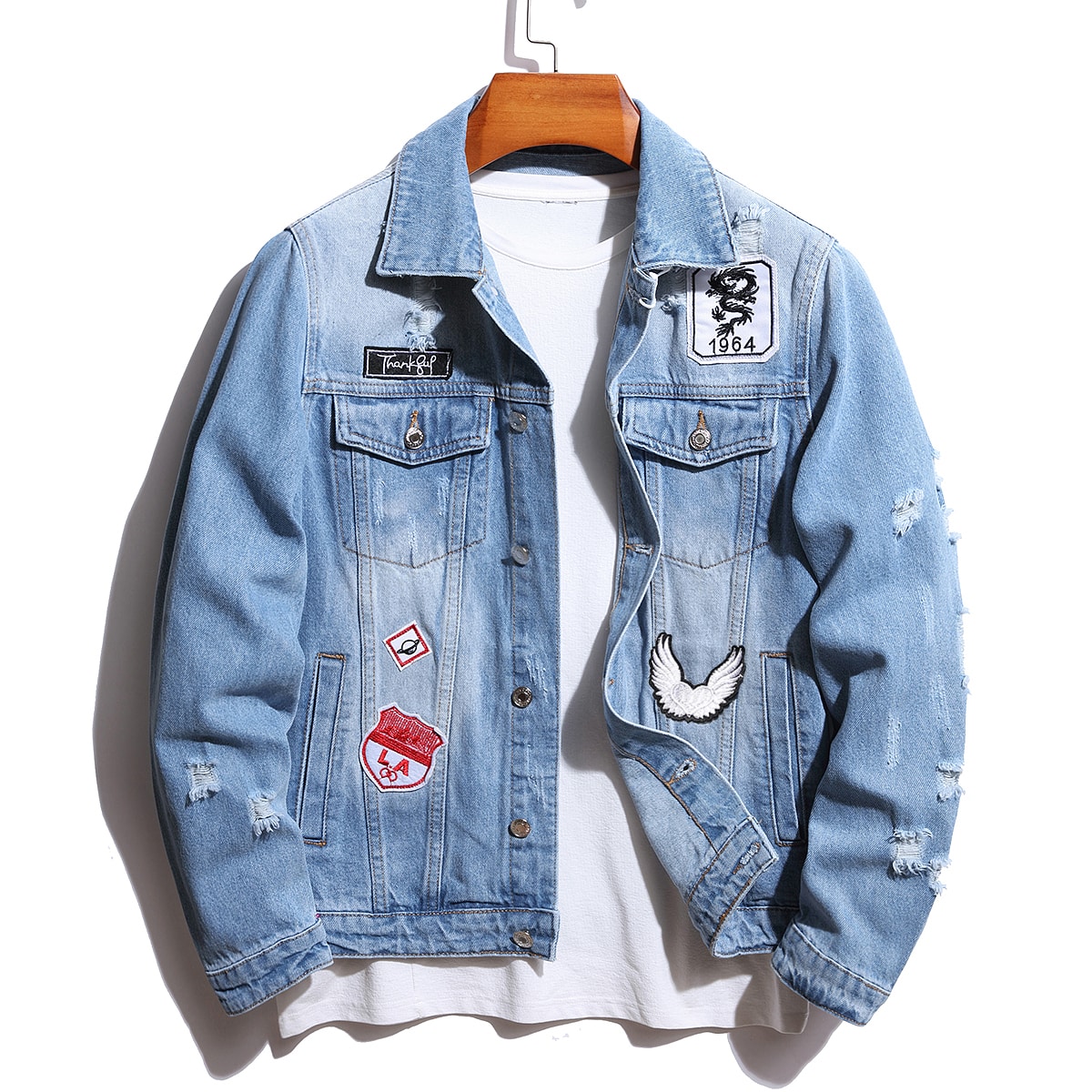 Denim Jacket Vintage - แจ็คเก็ตยีนส์วินเทจสำหรับผู้ชาย ทรงหลวม ขาดรุ่ย แต่งลายปัก พร้อมปกเสื้อ แขนยาว
