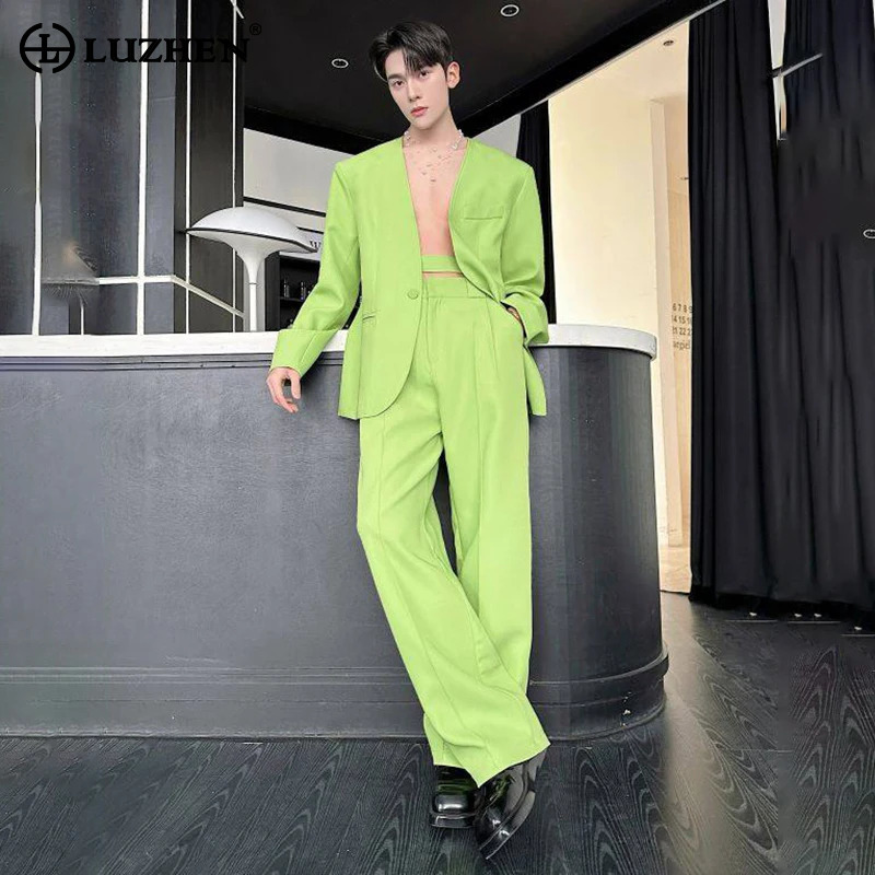 Men'S Fashion Color - LUZHEN 2026 ชุดเซ็ตสองชิ้นสีพื้นใหม่สำหรับฤดูใบไม้ผลิ แฟชั่นผู้ชาย กางเกงลำลองทรงตรงสุดเท่ เสื้อเบลเซอร์สุดหรูสำหรับผู้ชาย