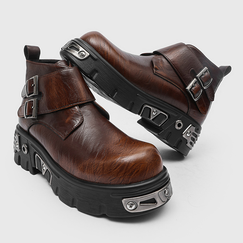 Men'S Fashion News - รองเท้าบูทแฟชั่นพังก์กอธทรงสูงสำหรับผู้ชายไซส์ใหญ่ สีเงิน สีน้ำตาล รองเท้าดีไซน์เนอร์ รองเท้าบูทคาวบอยแบบส้นตึก หัวเข็มขัดคู่