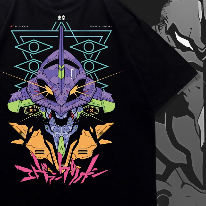 Graphic Tee Oversized - เสื้อยืดพิมพ์ลายสองด้านลายอนิเมะเมคคา, เสื้อยืดกราฟิก Evangelion Unit 01 ทรงโอเวอร์ไซส์,
