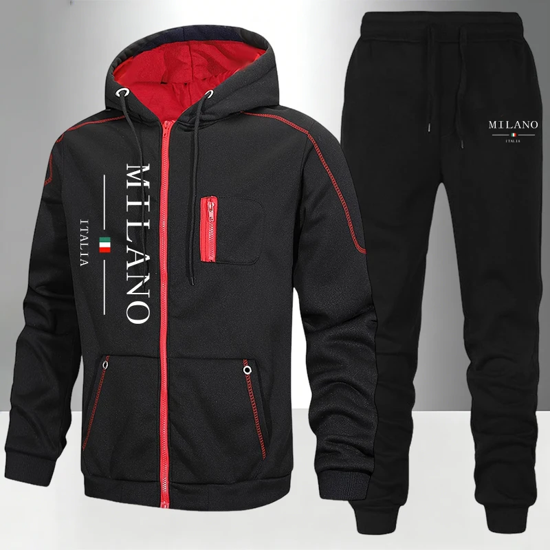 Men'S Fashion Zipper Hoodie - ชุดแฟชั่นผู้ชายสไตล์อิตาลี/เสื้อโค้ท/กางเกงขายาว สำหรับฤดูใบไม้ร่วงและฤดูหนาว ชุดลำลองสำหรับใส่ทุกวัน ชุดกีฬาแบบมีซิป ชุดวอร์มสำหรับขี่มอเตอร์ไซค์กลางแจ้ง เสื้อฮู้ดกันหนาว
