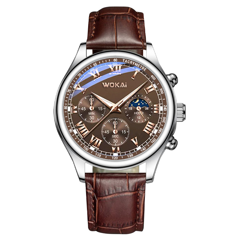 2023นาฬิกาผู้ชายสีน้ำตาลสายหนั - Men'S Fashion Quartz Watch Wokai บทวิจารณ์และราคา
