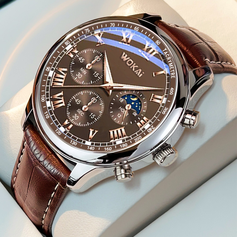 2023นาฬิกาผู้ชายสีน้ำตาลสายหนั - Men'S Fashion Quartz Watch Wokai บทวิจารณ์และราคา