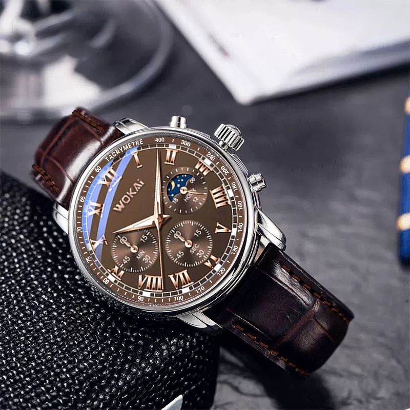 2023นาฬิกาผู้ชายสีน้ำตาลสายหนั - Men'S Fashion Quartz Watch Wokai บทวิจารณ์และราคา