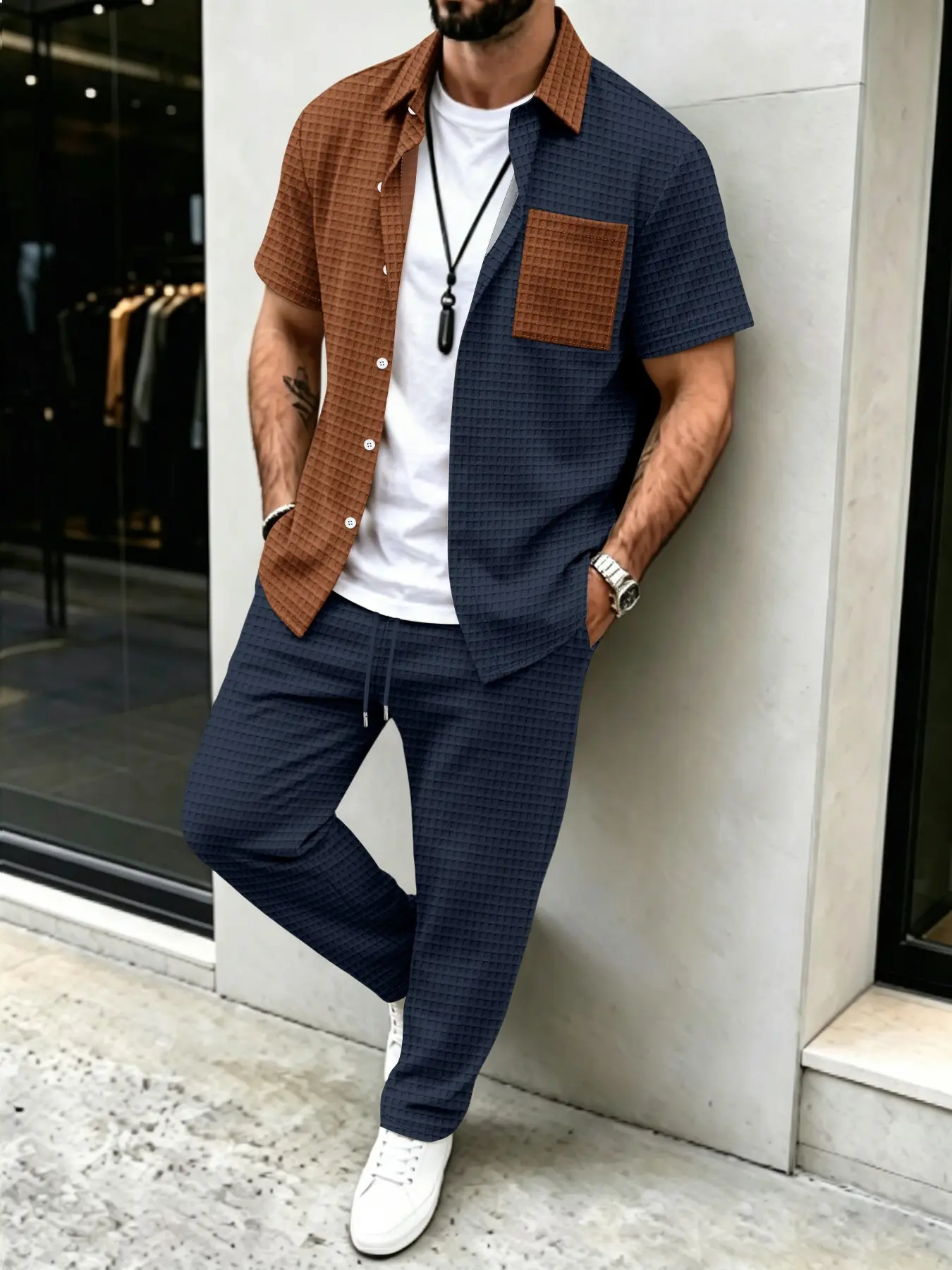 ชุดเสื้อ+กางเกงขายาวลายวาฟเฟิล - Men'S Fashion Color บทวิจารณ์และราคา