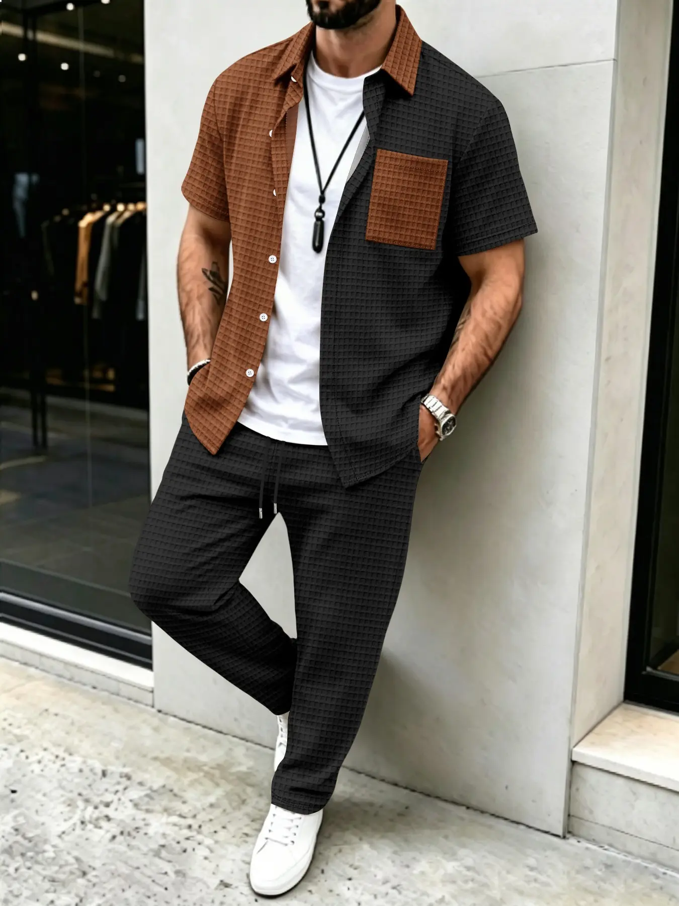 ชุดเสื้อ+กางเกงขายาวลายวาฟเฟิล - Men'S Fashion Color บทวิจารณ์และราคา