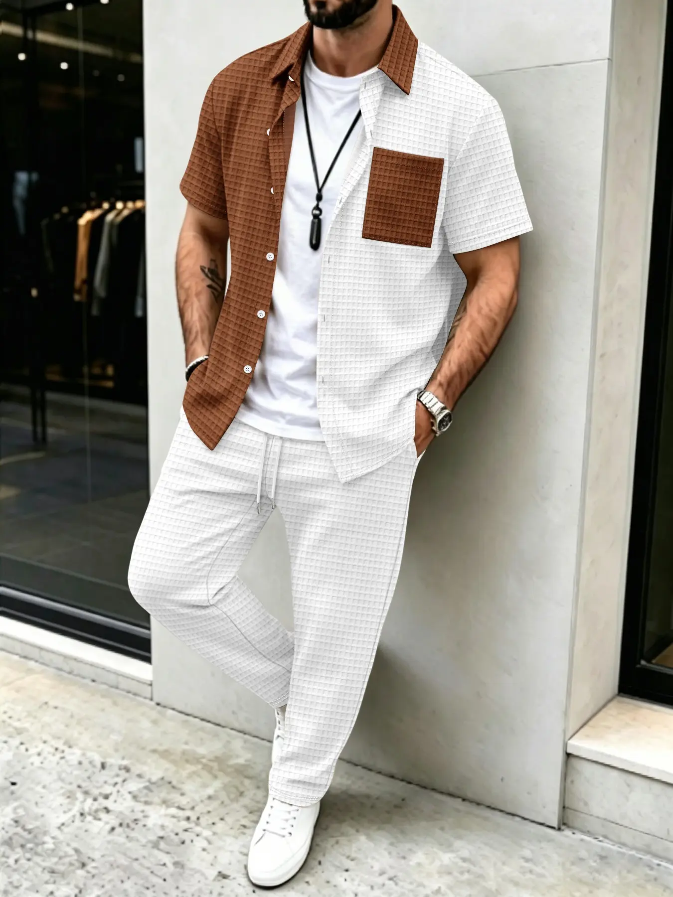 ชุดเสื้อ+กางเกงขายาวลายวาฟเฟิล - Men'S Fashion Color บทวิจารณ์และราคา
