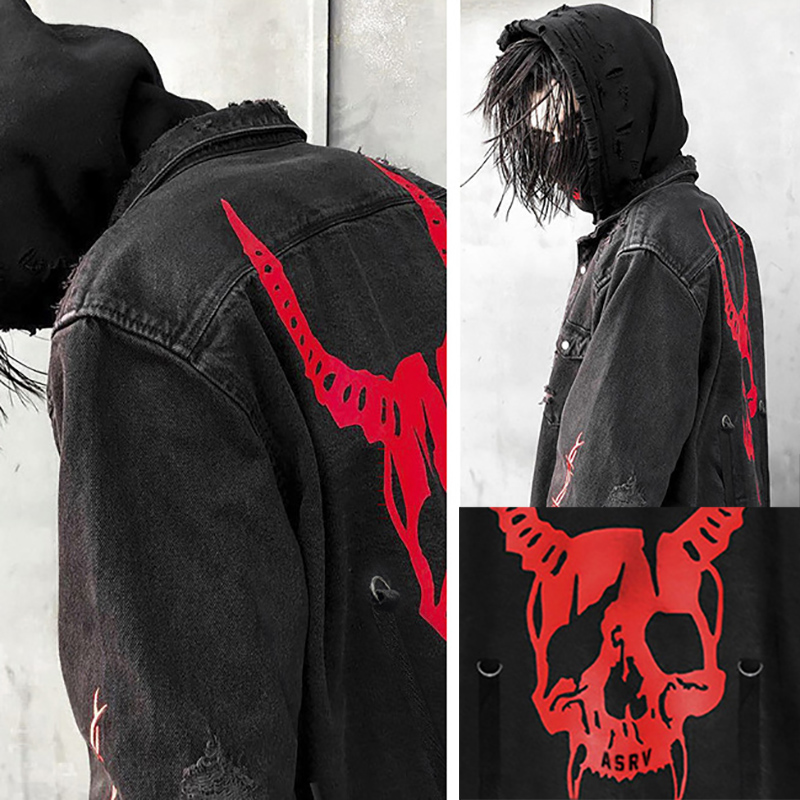 พิมพ์กะโหลกหมวกยีนส์บุรุษฮาราจ - Denim Jacket Vintage บทวิจารณ์และราคา